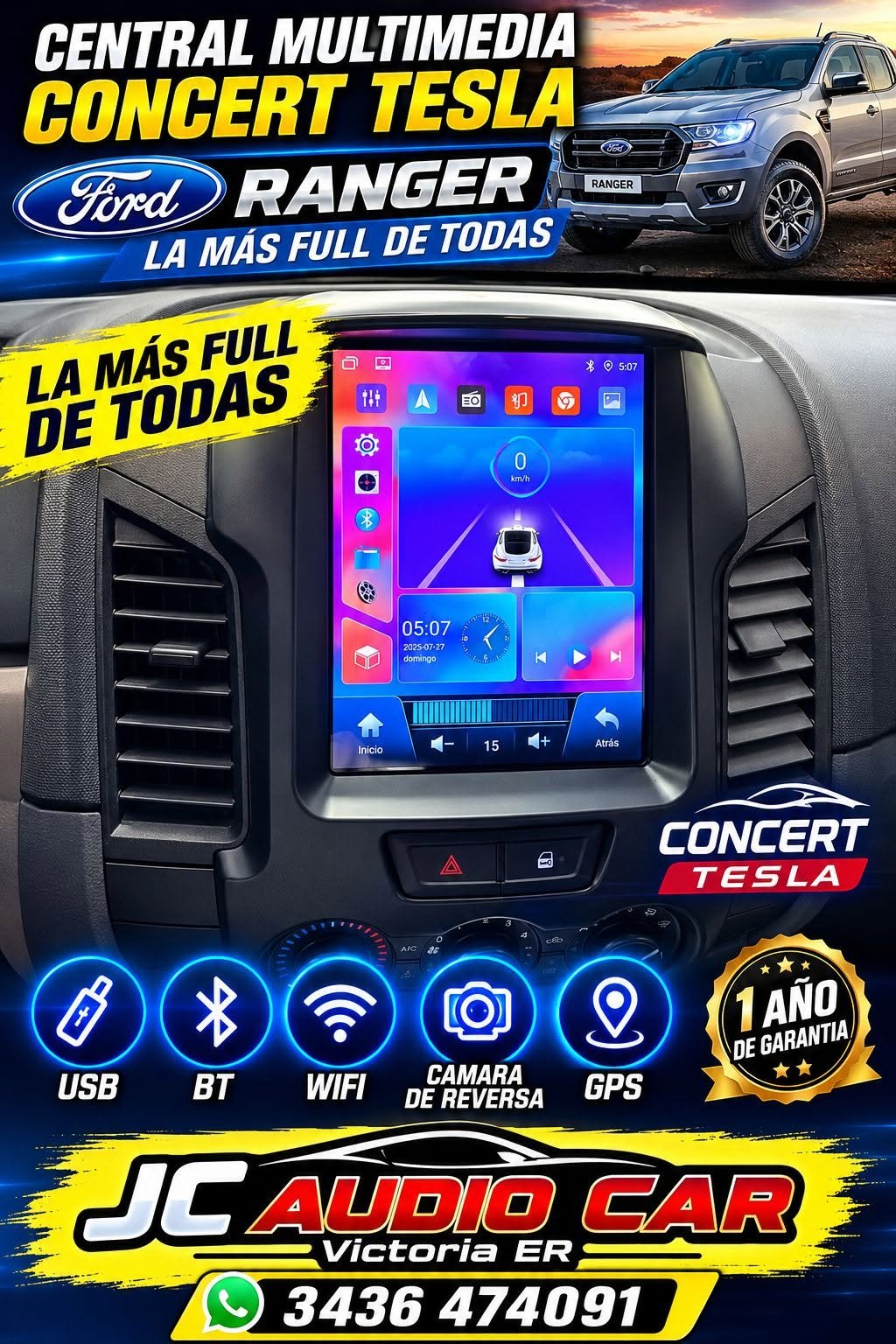 Central Multimedia Concert Tesla para Ford Ranger (Pantalla Vertical / GPS / Android)
