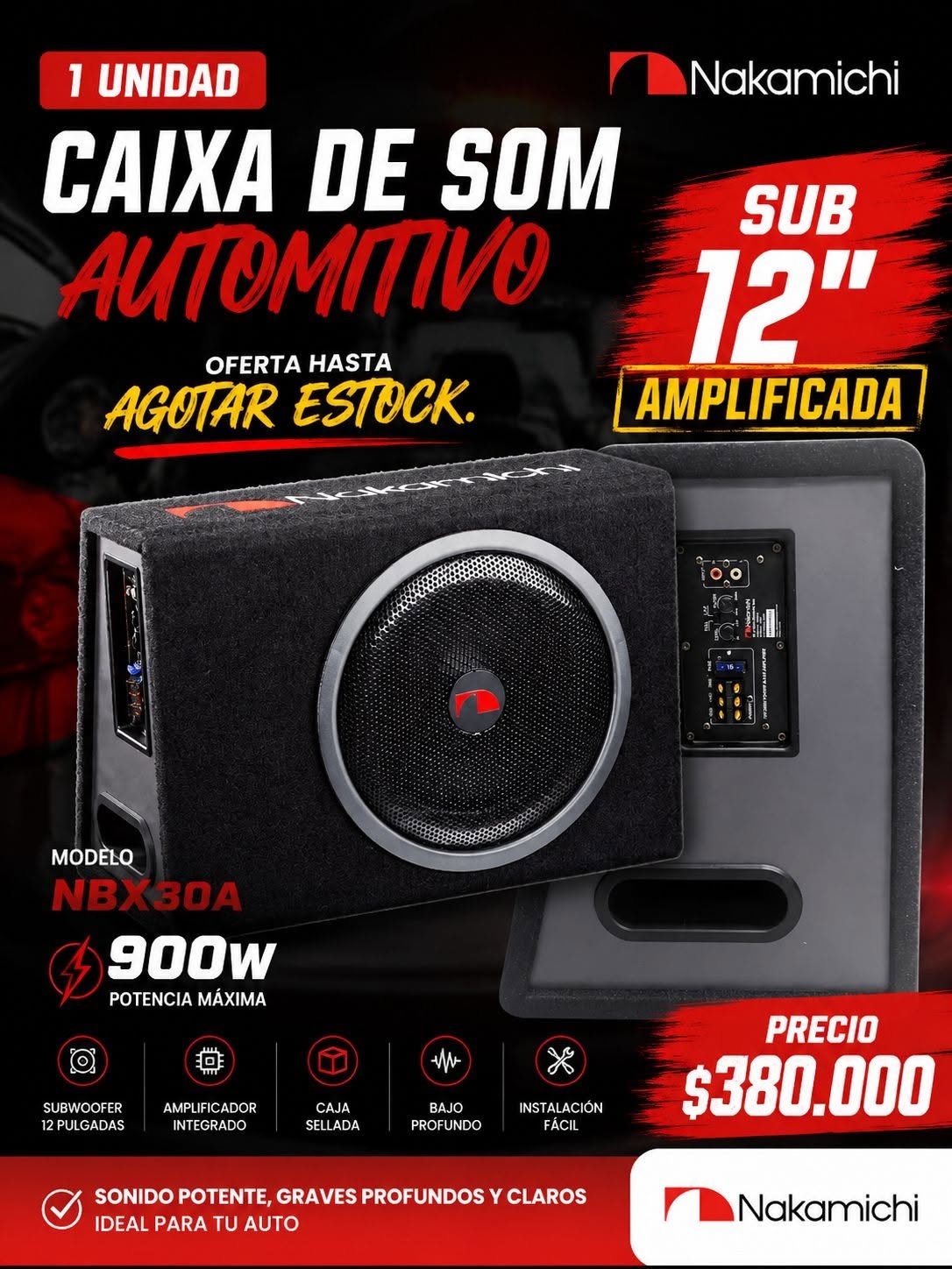 Caja Slim Subwoofer Amplificada Nakamichi NBX30A (12" / 900W Max / 150W RMS)